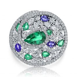 18.88 carat, Fabulous ring set with Diamonds, Emeralds and Sapphires, GCI certified.
