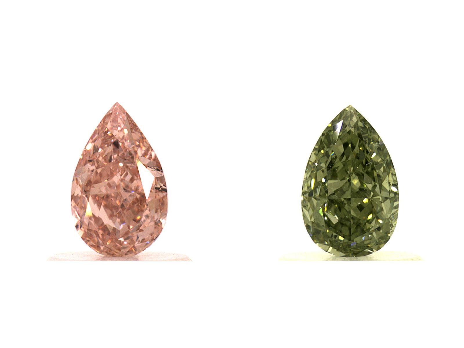 Pair of 1.23ct, Pink and Green, Pearshape, GIA,