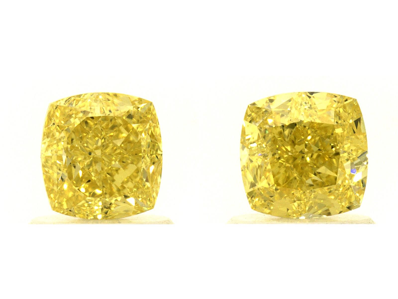 Pair of 2.08ct Fancy Vivid Yellow, Cushion, GIA